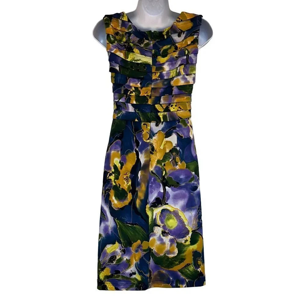 Adrianna Papell 4 Yellow Purple Floral Print Pleated Cocktail Dress Wedding - Picture 2 of 2
